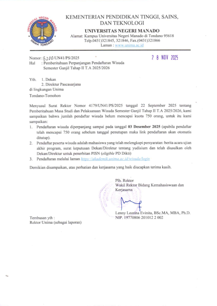 Perpanjangan Pendaftaran Wisuda Semester Ganjil Tahap II T.A 2025/2026