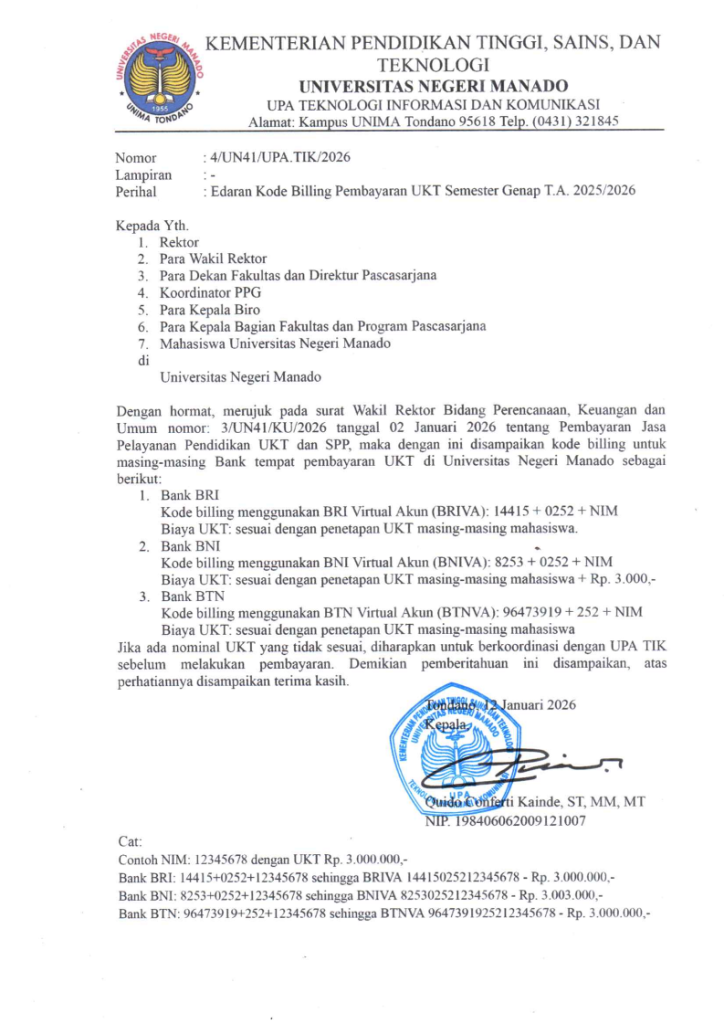 Edaran Kode Billing Pembayaran UKT Semester Genap 2025-2026