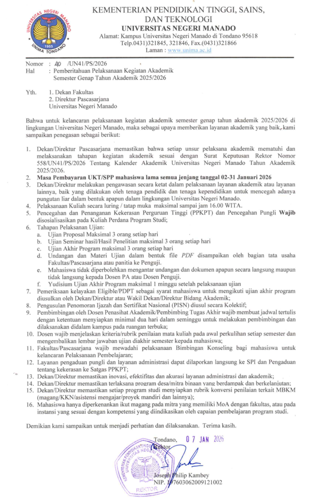 Pemberitahuan Pelaksanaan Kegiatan Akademik Semester Genap T.A 2025/2026