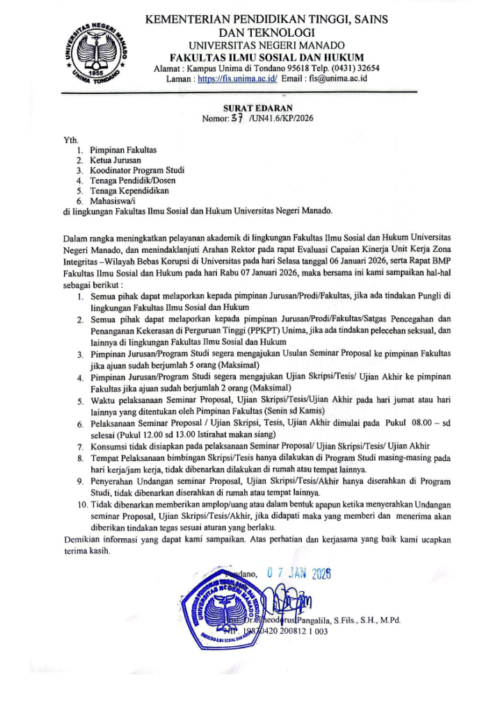 Surat Edaran Peningkatan Pelayanan Akademik di Fakultas Ilmu Sosial dan Hukum