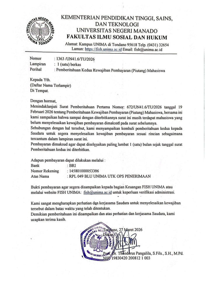 Data Piutang Mahasiswa FISH UNIMA (Pemberitahuan 2)