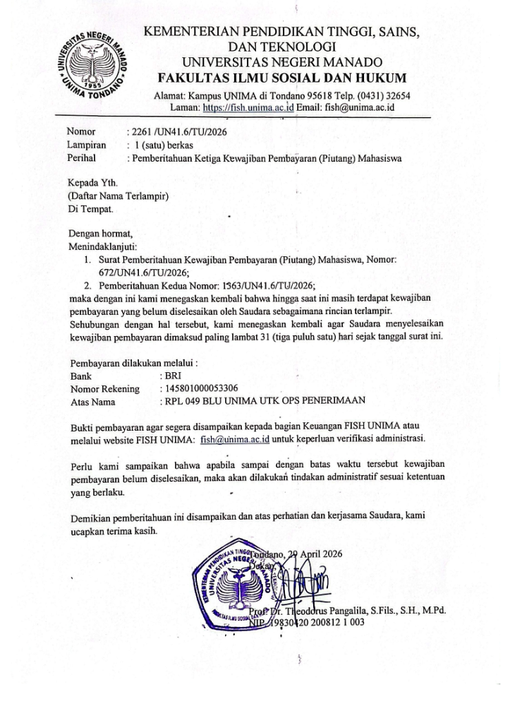Data Piutang Mahasiswa FISH UNIMA (Pemberitahuan 3)