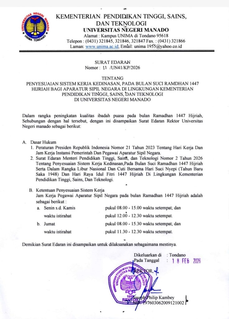 Penyesuaian sistem kerja kedinasan pada bulan suci ramadhan 1447 H bagi ASN di lingkungan Kemendiktisaintek UNIMA